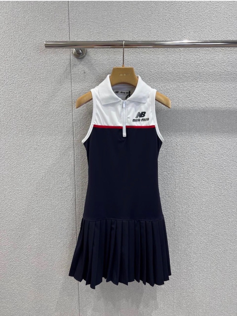 Miu Miu Navy, White & Red Sleeveless Pleated Tennis Dress
